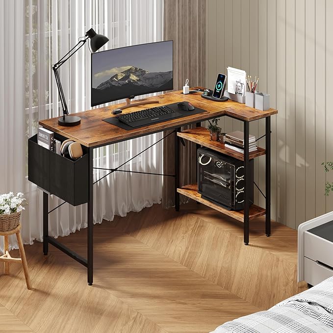 DUMOS 39" Corner Gaming Desk, L Shaped Computer Desk with 3AC+2USB+1Type-C Power Strip, Storage Shelves & Side Hanging Fabric Organizer, Rustic Brown Gaming Workstation for Home Office and Bedroom