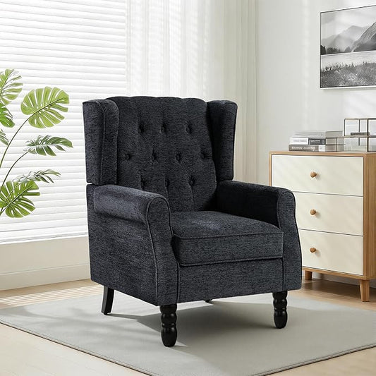 High Back Accent Chair, Accent Chair for Living Room, Button-Tufted Upholstered Fabric Armchair with Solid Wood Legs, Comfy Single Sofa Reading Chair for Bedroom,Black Blue