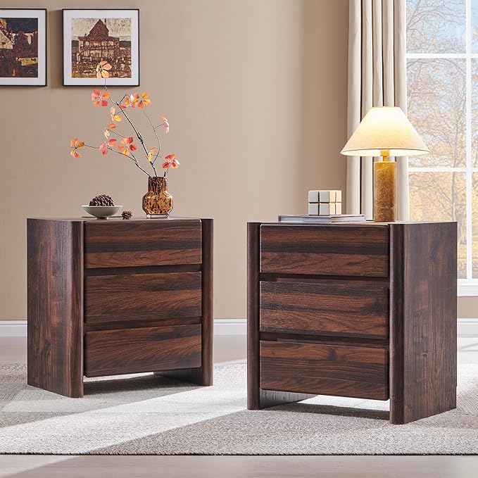25" Tall Modern Nightstand Set of 2, 23.6" W Nightstand with Charging Station & 3 Storage Drawers & Open Shelf, Wood Night Stand w/Rounded Corner Design for Bedroom, Living Room (Brown)