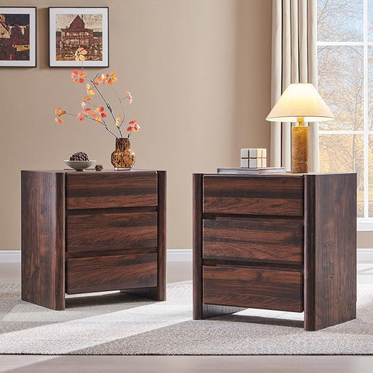 25" Tall Modern Nightstand Set of 2, 23.6" W Nightstand with Charging Station & 3 Storage Drawers & Open Shelf, Wood Night Stand w/Rounded Corner Design for Bedroom, Living Room (Brown)