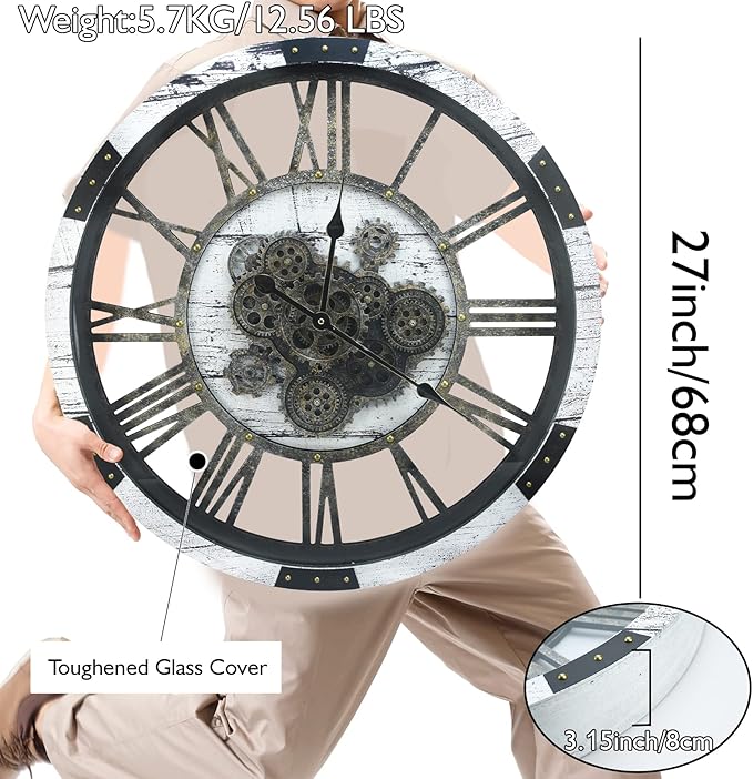 DORBOKER 27 Inch Large Wall Clock Farmhouse Wooden Clock with Moving Gears HD Toughened Glass Cover, Oversized Industrial Steampunk Rustic Wall Clock for Living Room Decor Home Kitchen Office (White)