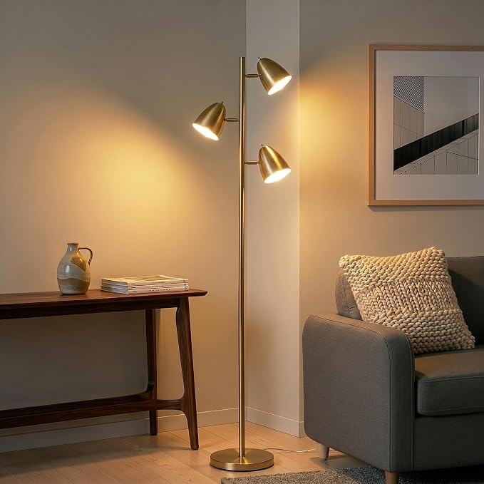 Brightech Jacob LED Standing Lamp, Modern Bright Floor Lamps for Living Rooms & Bedrooms, Tall LED Lighting Lamp with Adjustable 3 Light Tree – Antique Brass/Gold