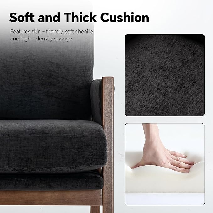 Mid Century Modern Accent Chair with Wood Frame, Upholstered Living Room Chairs with Wide Armrest, Chenille Fabric Comfy Arm Chair for Bedroom, Reading Room, Balcony (1, Black)