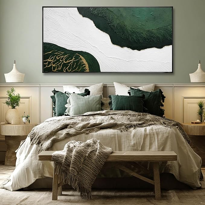 Abstract Canvas Paintings Line Framed Wall Decor Green and White Hanging Art 24"x48" Artwork for Bedroom Kitchen Office