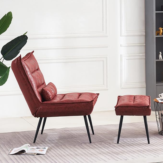 MCombo Wingback Accent Chair with Ottoman, Modern Bronzing Fabric Upholstered Club Chair for Small Space, Living Room 4400 (Burgundy)