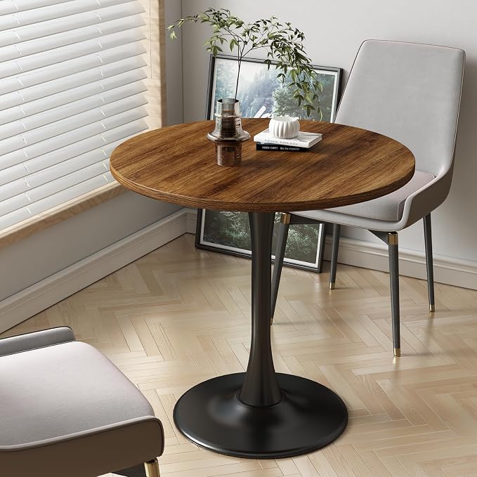 Round Dining Table 30" Circle Tulip Table with Wood Thickened Tabletop & Sturdy Metal Pedestal Mid Century Modern Farmhouse Kitchen Tables for 4 Small Places Living Room Cafe,Somber Walnut
