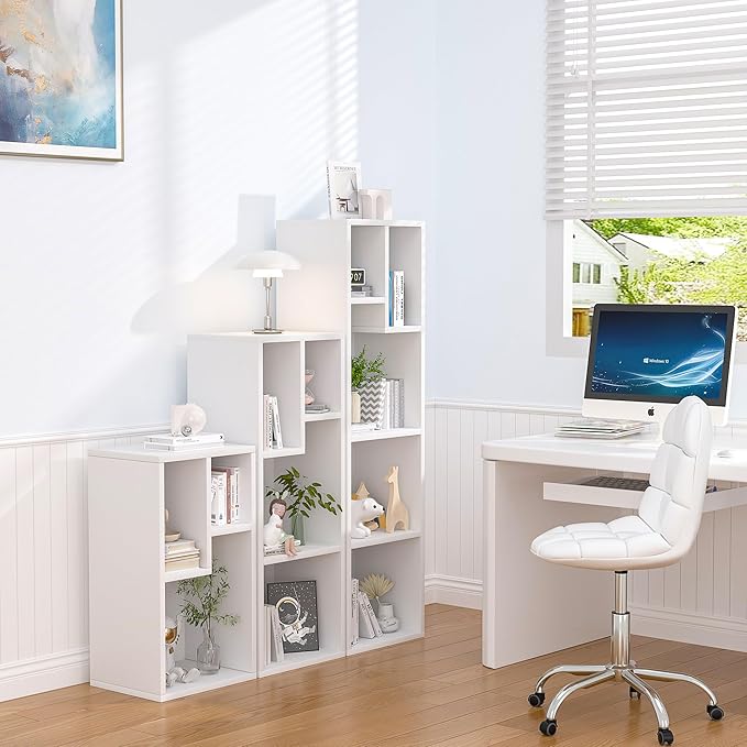 VECELO 3-Tier Small Bookcase, 4 Cube Bookshelf with Height Difference Shelves for Most Books, Modern Floor Standing Unit, Each Shelf Hold Up to 66 LBS for Living Room Bedroom, Pearl White