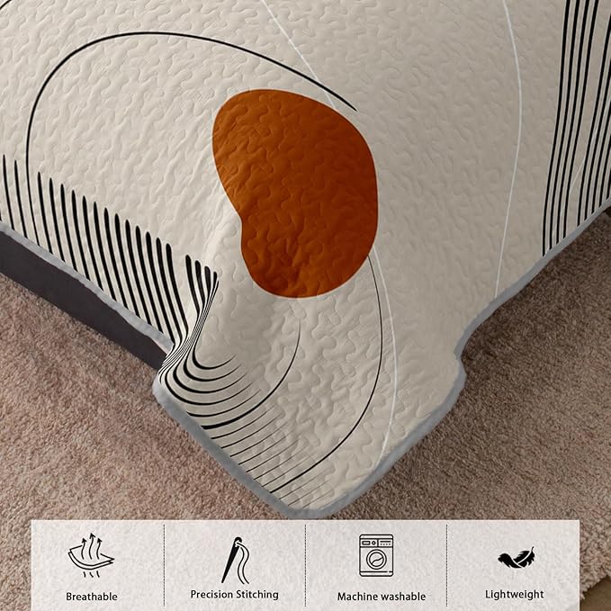AILONEN Boho Mid Century Bedding Sets,Vintage Geometry Quilt Set King Size,Modern Minimalist Simplistic Bedspread Coverlet - Soft Lightweight 3Pcs 1 Quilt with 2 Pillowcases,Brown