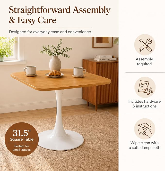 31.5 Inch Oak Square Dining Table for 2-4, Mid-Century Modern Tulip Table with White Metal Pedestal Base, 0.71 Inch MDF Top for Small Space, Apartment, Kitchen, Breakfast Nook & Office