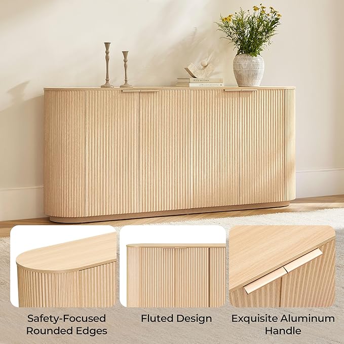CHITA 70" Sideboard Buffet Cabinet with Storage, Fluted Cabinet with Doors and Adjustable Shelves, Natural Oak