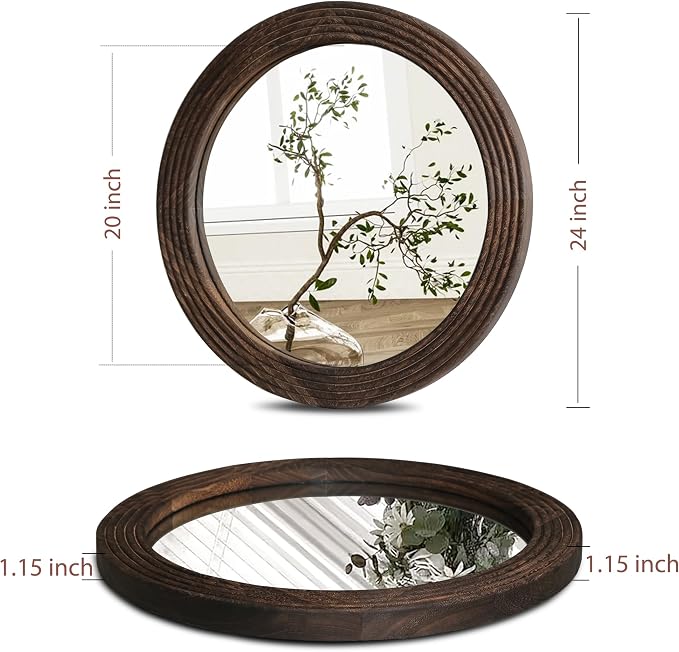 LOSOUR Round Mirror, Farmhouse Decor Solid Wood Frame Wall Circle Mirror, Decorative Mirrors for Bathroom Over Sink, Living Room, Entryway,Bedroom, Entryway, Hallway,Foyer (1, Coffee, 24" L x 24" W)