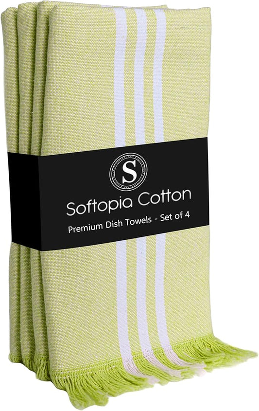 Stripe Tea Towels 4 Pack, 16x26 Inches, Dish Towels for Kitchen Drying, Reusable Rags, Absorbent and Washable Cloths, Cleaning Towels for Dishes and Everyday Use - Lemon Green