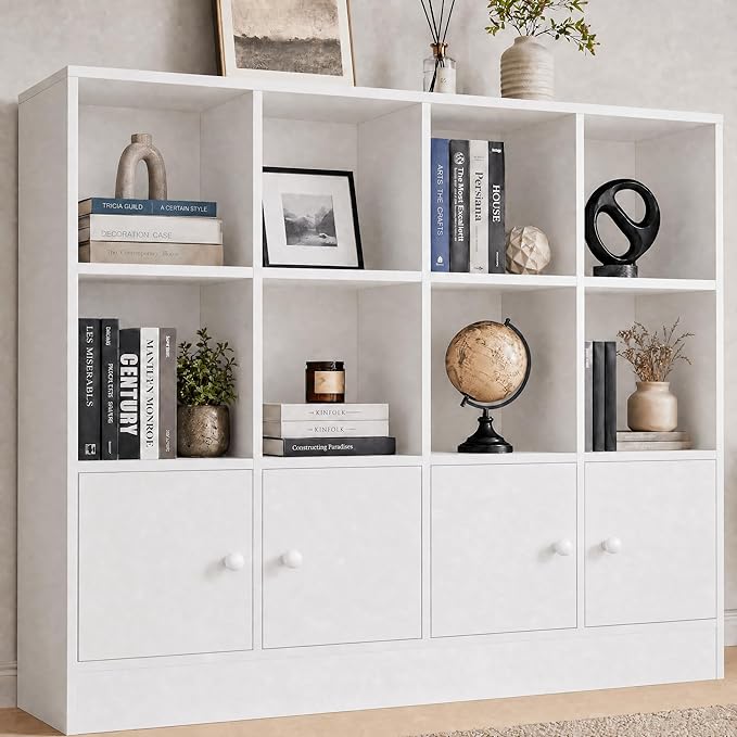 Cozy Castle White Wood Bookcase, 12 Cube Display Shelf with 4 Doors, 3 Tier Open Bookshelf with Adjustable Shelves for Living Room, Home Office, Entryway