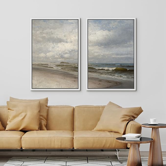 IDEA4WALL Framed Canvas Print Wall Art Set Coastal Beach Scene Classic Ocean View Illustrations Modern Art Decorative Coastal Cottage Seascape for Bedroom - 24"x36"x2 WHITE