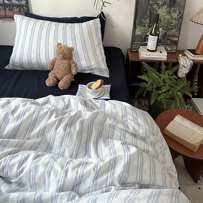 mixinni Vintage Blue & White Striped Duvet Cover Set - 3 Piece 100% Washed Cotton Full Size Bedding | Minimalist Relaxed Style | Ultra Soft Breathable, with Zipper Closure & Corner Ties-Full Size