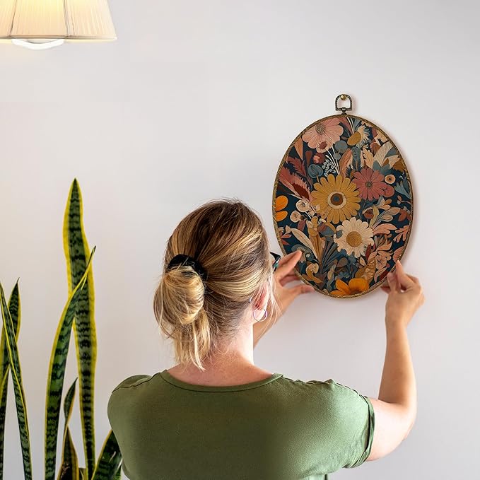 AEHIE Vintage Boho Floral Oval Wall Art Decor, Retro Maximalist Floral Botanical Canvas Artwork Framed, Mid Century Modern Flower Oval Wall Art for Home Bedroom Living Room Decor, 11x8.5 Inches