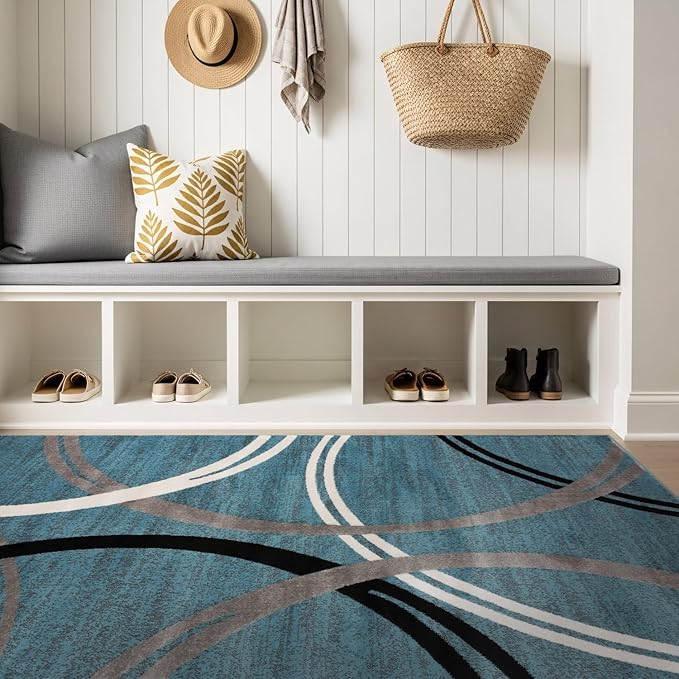 Rugshop Modern Wavy Circles Design Area Rug, Fade-Resistant Carpet for Living Room, Bedroom, or Office, Blue, 6'6" x 9'