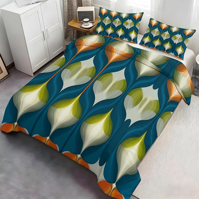 Mid Century Modern Duvet Cover Full Size, Groovy Abstract Retro Bedding Set 3 Piece, Blue Green Geometric Patterned Comforter Cover with Zipper Soft Microfiber, 2 Pillowcases