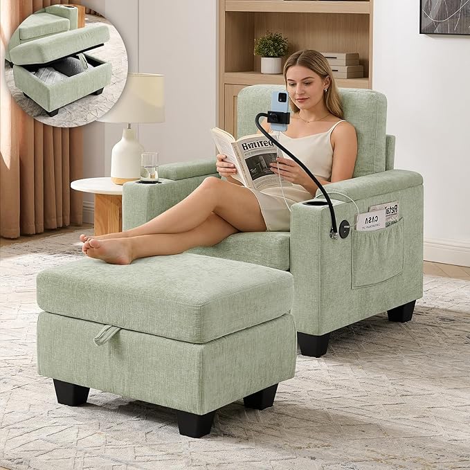 Oversized Chaise Lounge Chair Indoor, Single Convertible Recliner Reading Arm Sofa Chair W/Adjustable Backrest & Charging Port Couch Bed for Living Room, Home Theater & Bedroom, Cyan
