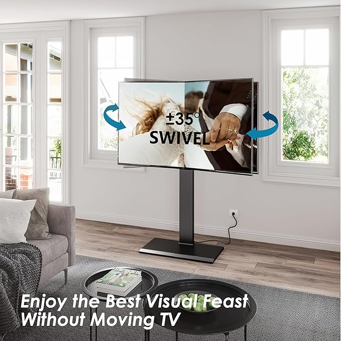 FITUEYES Iron Base Floor TV Stand with Power Strip, Tall TV Stand with Swivel Mount for 50-85 Inch Plasma Flat Panel or Curved Screen TVs Height Adjustable Wire Management(White,with Power Outlet)