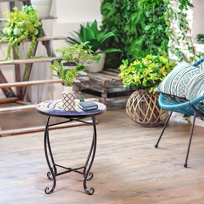 Giantex Outdoor Side Table, Mosaic Patio Table, 14inch Accent Table Plant Stand Indoor, Ceramic Tile Top Metal Frame, Small End Table Porch Beach Patio Garden Balcony Poolside