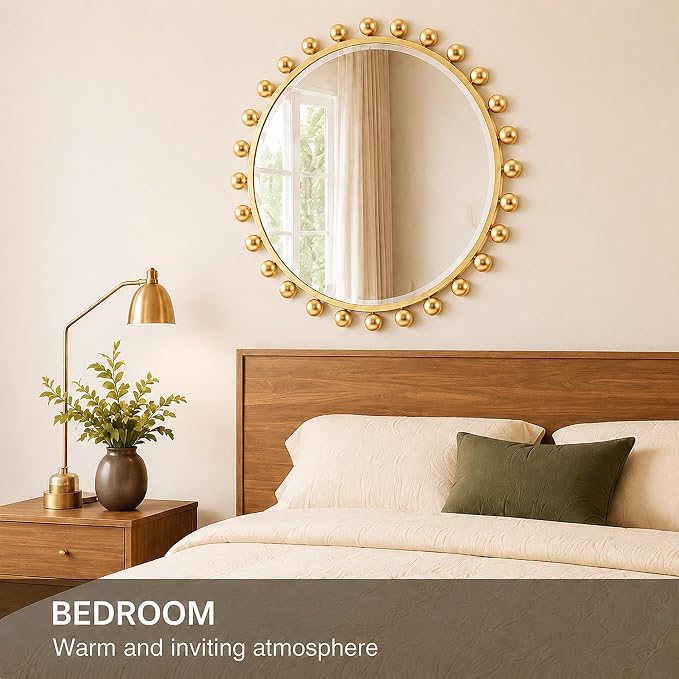 30 Inch Round Wall Mirror with Antique Gold Ball Frame, Beveled Decorative Round Accent Mirror, Vintage Gold Sunburst Style Mirror for Bedroom, Living Room, Entryway, Hallway & Wall Decor