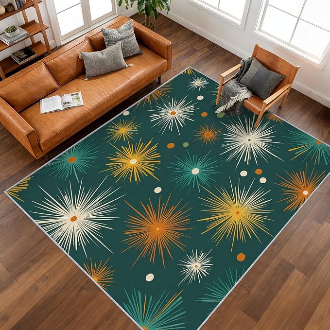 Abstract Atomic Rugs for Living Room Decor, 5x6 ft, MCM Geometric Starburst Area Rugs for Bedroom, Soft Non Slip Washable Mid Century Modern Carpet Home Decorations D-g48