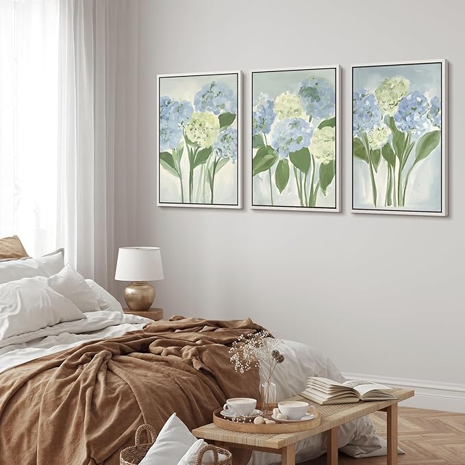 MUDECOR Framed Wall Art Print Set Blue Hydrangea Floral Botanical with Green Leaves Illustrations Modern Art Boho Decorative Colorful Chic for Living Room, Bedroom, Office - 16"x24"x3 White
