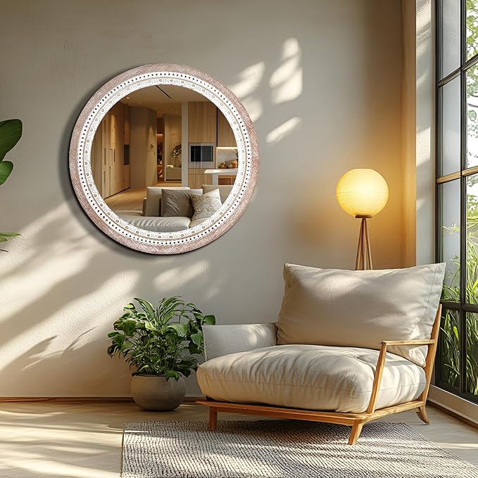 Reflinto 24 Inch Boho Wooden Round Mirror for Wall Decor, Rustic Farmhouse Circle Mirrors Decorative for Bathroom Over Sink, Living Room, Entryway, Hallway