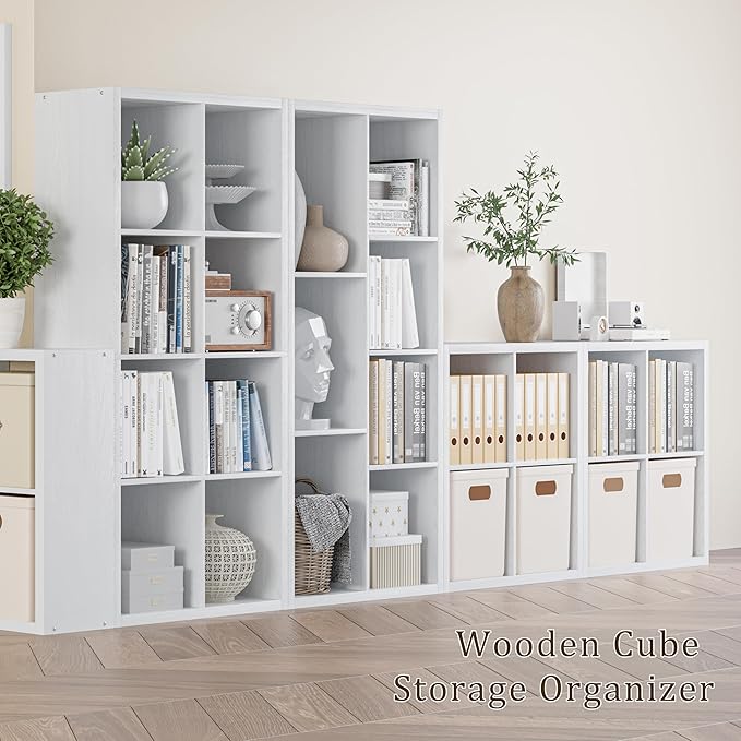 VDNEND Cube Storage Organizer Bookcase, Decorative 11 inch Open Back Cubical Shelf with Thickened Border, Display Bookshelf for Living Room, Home Office, Sturdy Room (White, 7 Cube,Standard)