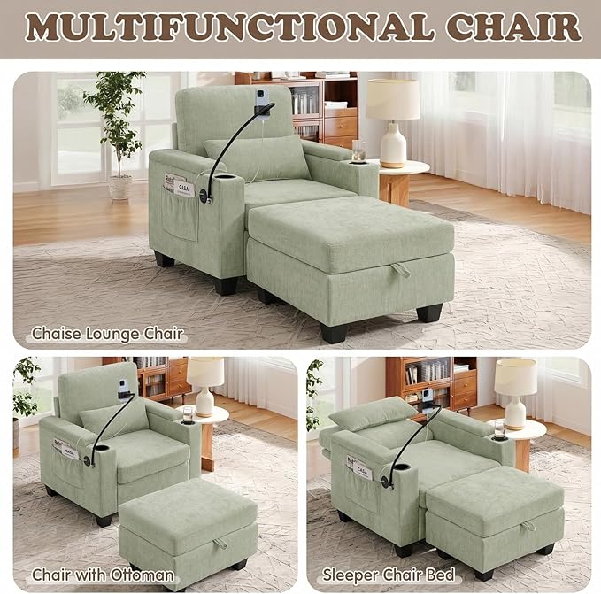 Small Chaise Lounge Chair Indoor with Ottoman&Adjustable Backrest,Chenille Tufted Recliner Comfy Sofa Chair with USB,Phone Holder&Storage Arms,Convertible Sleeper Couch Bed for Living Room(37"W,Cyan)