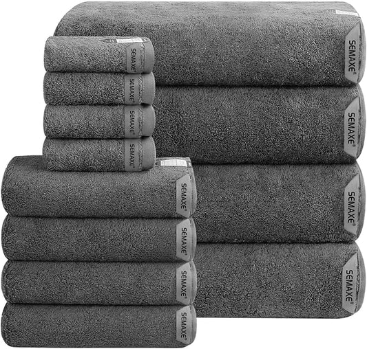SEMAXE Bath Towel Set, 12 Piece Cotton Towel Set for Bathroom, More Towels for Family Use, Quick Dry with Hanging Loops, Easy Care, Grey