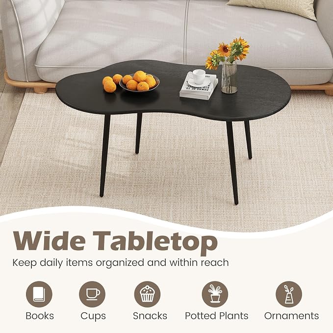 Giantex Small Coffee Table, 39.5" Cloud Center Table with Metal Frame, Unique Irregular Accent Cocktail Tea Table, Modern Wood Coffee Table for Living Room, Small Spaces (Black)