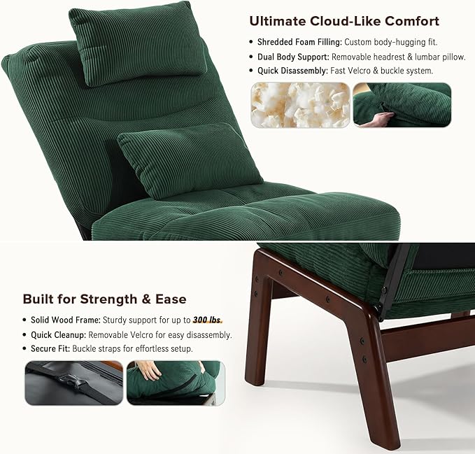 GEMBED Accent Chair with Ottoman Adjustable Backrest, Comfy Lounge Chair Single Sofa with Headrest Lumbar Pillow, Reading Chair with Footrest for Bedroom, Living Room, Green
