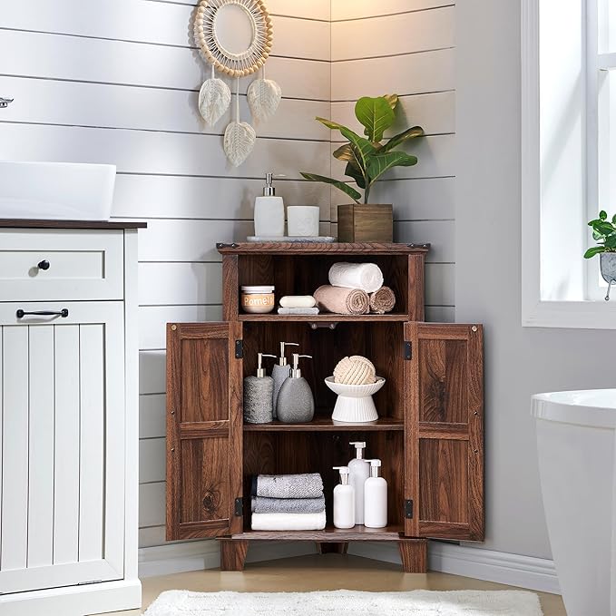 ACCOHOHO Corner Bathroom Cabinet, Farmhouse Small Cabinet with Barn Door & Adjustable Shelf, Storage Cabinets for Bathroom, Kitchen & Living Room, Brown