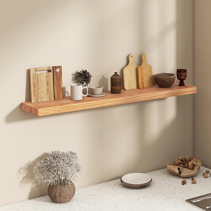 Fun Memories 48 Inch Floating Shelves, Rustic Solid Wood Wall Shelves Set of 1, 8 Inch Deep Floating Shelf for Bathroom, Bedroom, Heavy-Duty Wooden Shelf Wall-Mounted for Home Decor & Storage