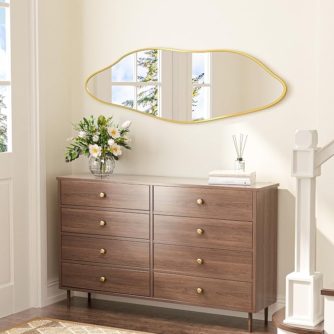 Keonjinn Gold Irregular Mirrors for Wall 60" x 20" Inch, Asymmetrical Metal Frame, Tempered Glass Decorative Mirror for Bathroom, Bedroom, Living Room, Entryway(Horizontal/Vertical)