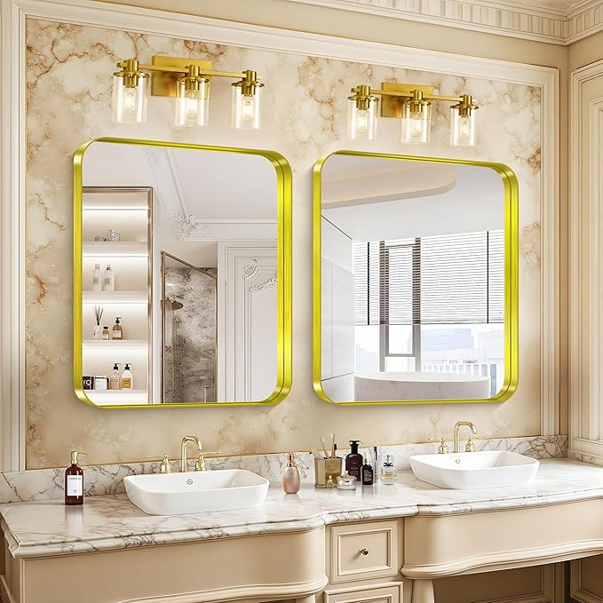 CIRCUMI Gold Bathroom Mirror, 30"x36" Rectangular Mirror with Deep Metal Frame, Rounded Corner, Tempered Glass, Mirror for Wall, Oversink, Bedroom, Installed Vertically/Horizontally, Crystal-Clear