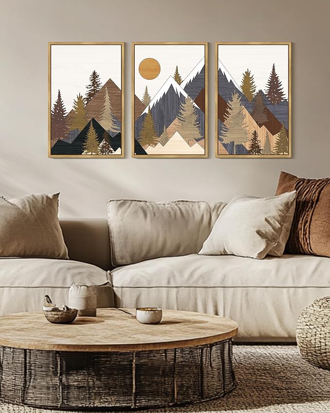 KUVIOKE Morden Boho Mountains Framed Canvas Wall Art Pine Tree Forest Nature Landscape Artwork Painting Bohemain Farmhouse Rustic Room Decor for Bedroom Living Room 16x24in (Natural Framed)