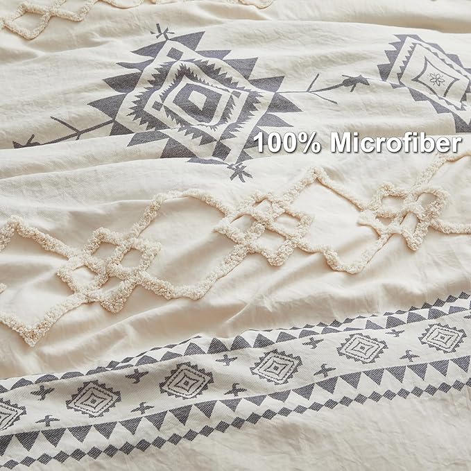 Oli Anderson Boho Duvet Cover Set King Size, Beige and Gray Color Clash 3 Pieces Microfiber Bedding Set, Durable and Super Soft Duvet Covers with Zipper and Ties, 104"*90"