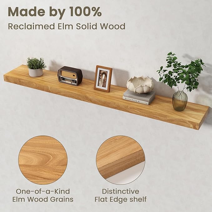Fun Memories Solid Elm Wood Floating Shelves Set of 1-55 Inch Rustic Wall Shelves with Heavy-Duty Invisible Brackets - for Living Room, Kitchen, Bedroom, Bathroom - Natural Finish