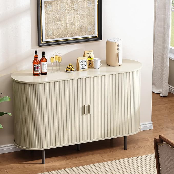 Buffet Cabinet with Storage, Fluted Sideboard Buffet with Sliding Door, Coffee Bar Cabinet with Adjustable Shelf, Console Table, Accent Table for Entryway, Kitchen (Natural White, 48 Inch)