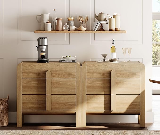 WAMPAT Large Sideboard Buffet Cabinet with Storage with 6 Drawers,Modern French 63" W Buffet Cabinet with Storage,Wood Coffee Bar Cabinets with Curved Edge Design for Kitchen Living Room, Walnut