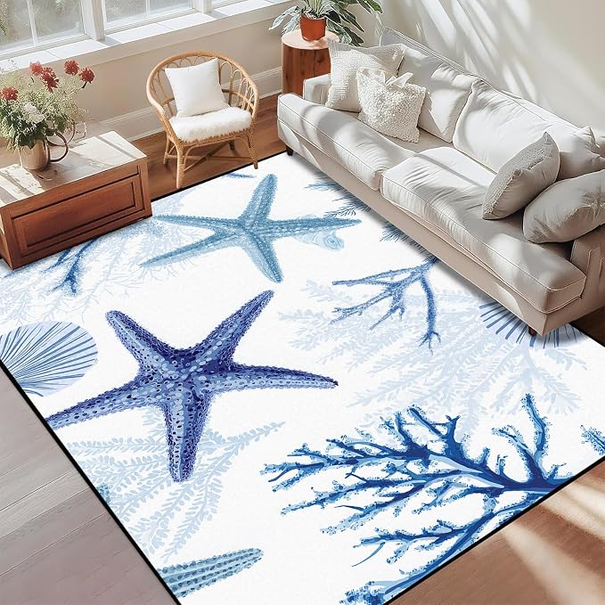 Coastal Starfish Rug 3'x5' Blue Ocean Area Rug Coral Seashell Floor Mat Washable Low Pile Carpet for Entryway Bedroom Living Room Kitchen Home Decor