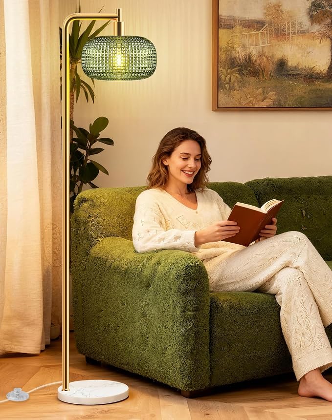 QiMH Gold Floor Lamp for Living Room, Mid Century Modern Standing Lamp Brass Tall Lamp with Green Glass Lamp Shade Marble Base, Large Vintage Retro Floor Lamps for Bedroom Home Decor