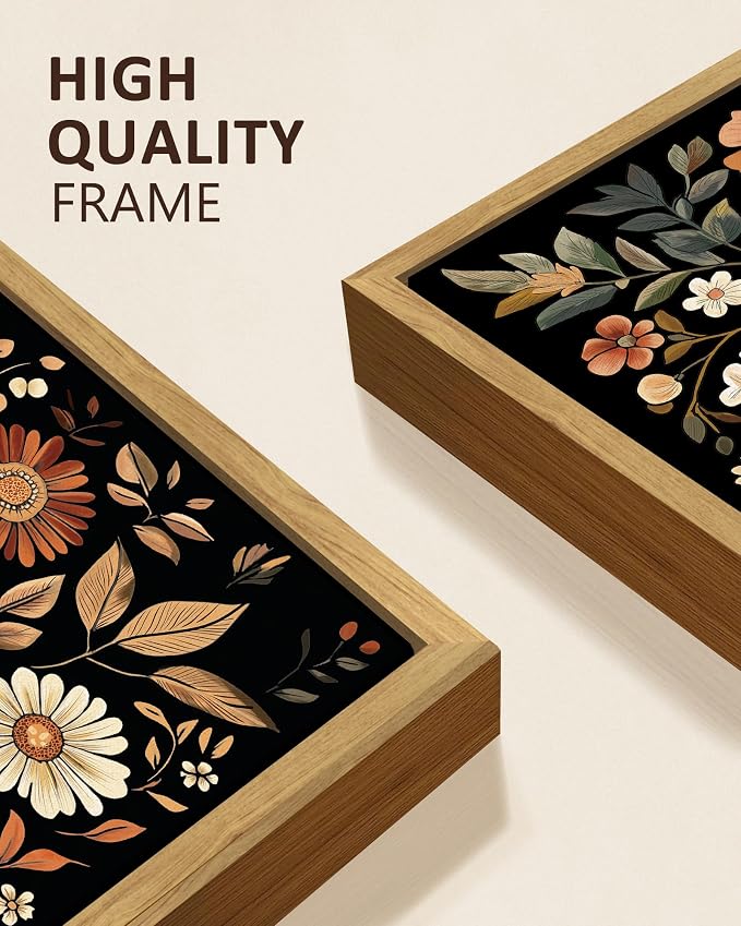 KUVIOKE Orange Vintage Flower Framed Wall Art Boho Floral Wall Decor Retro Wildflower Modern Art Prints for Living Room Bedroom 12x16in (Natural Framed)