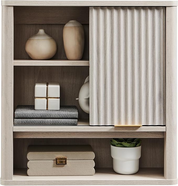 RedLemon Bathroom Wall Cabinet with Fluted Sliding Door, Modern Medicine Cabinet with Adjustable Shelf, Curved Profile Wall Mounted Storage Organizer, White Alder