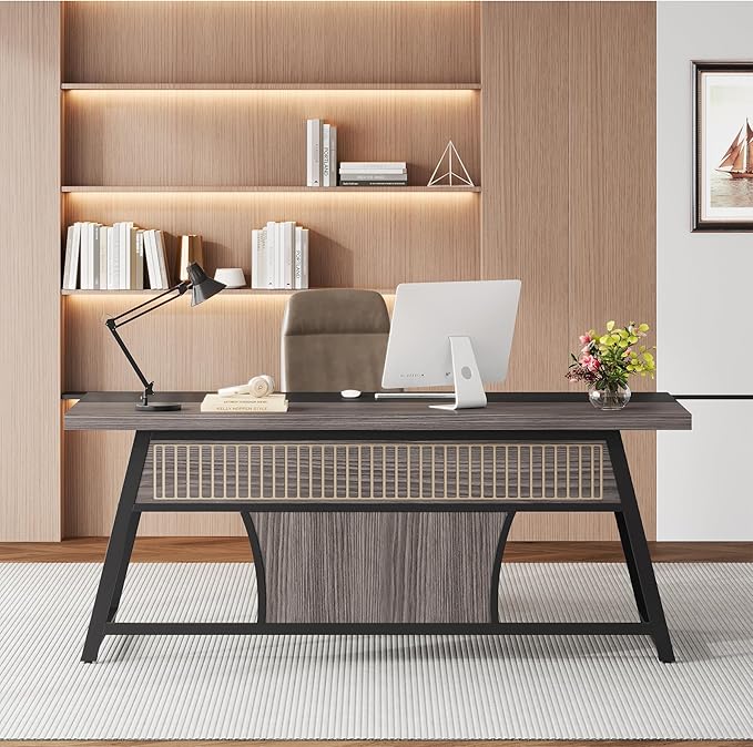 63-inch Executive Desk with Storage Shelf, Large Home Office Desk with Metal Frame & LED Light, Long Computer Desks for Home Office, Gray and Black