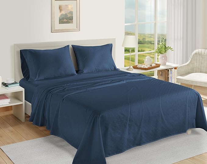 LANE LINEN 100% Egyptian Cotton Full Size Bed Sheets, Long Staple Mercerized Cotton Bedding Sheets, Thick 16 inch Deep Pocket Full Sheet Set, Reinforced French Seams Jaquard Swiss Dot -Estate Blue