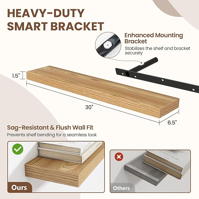 30 Inch Floating Shelves for Wall 2 Pack, 30" Wall Shelves for Books, Storage, Decor, Wall Mounted Floating Shelf with Invisible Brackets for Kitchen, Living Room, Light Brown